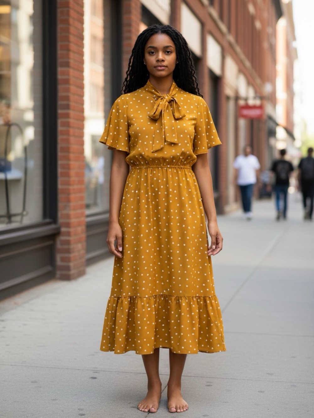 Women’s XS Mustard Heart Print‎ Tie Neck Midi Dress Flutter Sleeve Boho XS